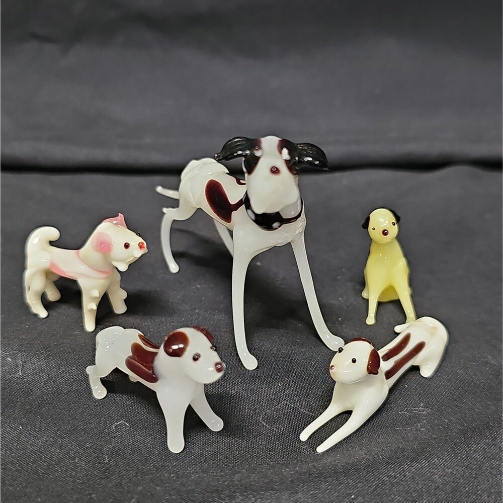 Vintage Hand Blown Glass Miniature Dog Figurine Japan Murano Style MCM Lot of 5